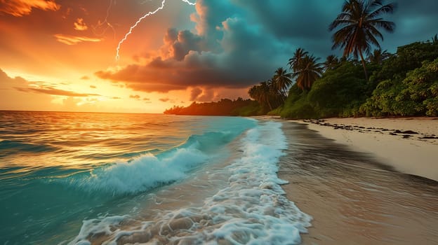tropical beach view at cloudy stormy sunset with white sand, turquoise water and palm trees. Neural network generated image. Not based on any actual scene or pattern.