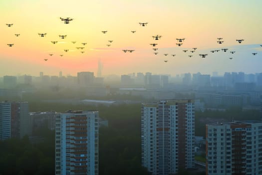 Group of drones over city at summer morning. Neural network generated image. Not based on any actual scene or pattern.
