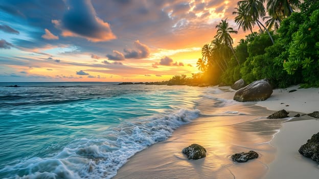 tropical beach view at sunset or sunrise with white sand, turquoise water and palm trees. Neural network generated image. Not based on any actual scene or pattern.