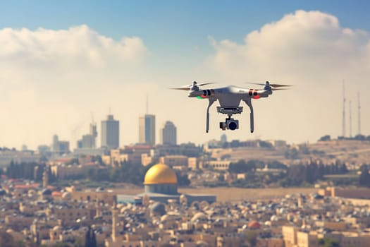 Flying drone above the city at sunny summer day. Neural network generated image. Not based on any actual scene or pattern.