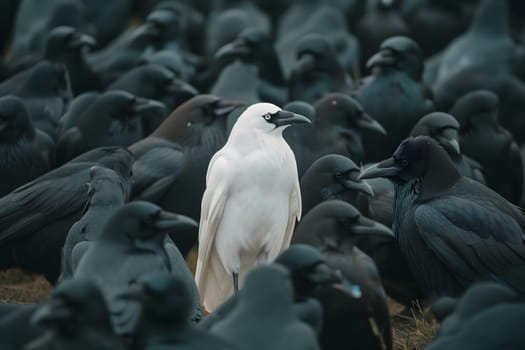 A white crow among many black crows. Neural network generated image. Not based on any actual scene or pattern.