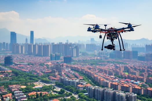 Flying drone above the city at summer day. Neural network generated image. Not based on any actual scene or pattern.