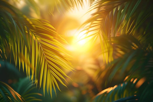 Vibrant sunny backdrop palm leaves with golden sun light. Neural network generated in January 2024. Not based on any actual scene or pattern.