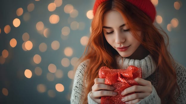 Beautiful redhead young adult woman with gift for Valentines Day with bokeh at background. Neural network generated image. Not based on any actual person or scene.