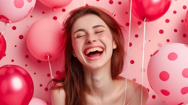 Young adult woman with red and pink air balloons laughing, on pink polka dots background. Happy holiday party. Joyful beauty having fun, celebrating Valentine's Day. Neural network generated image.