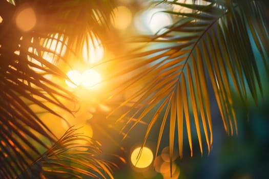 Vibrant sunny backdrop palm leaves with golden sun light. Neural network generated in January 2024. Not based on any actual scene or pattern.