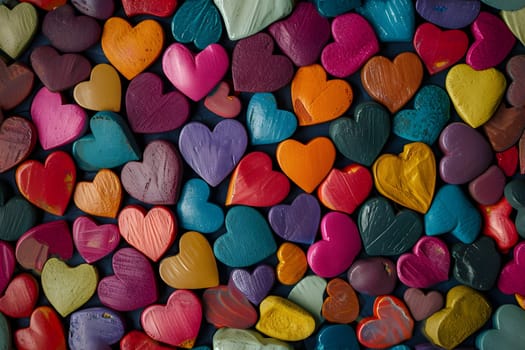 Full-frame background of colorful hearts. Neural network generated image. Not based on any actual person or scene.