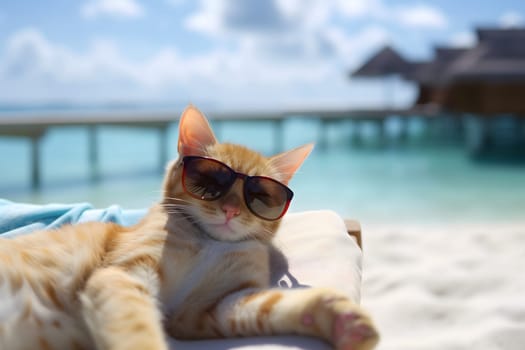 tabby cat with sunglasses laid on tropical beach, vacation theme. Neural network generated image. Not based on any actual person or scene.