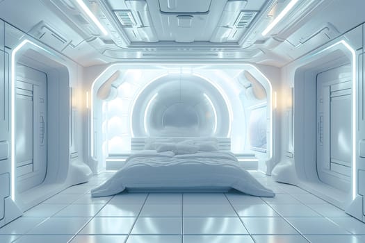 futuristic clean white space station style interior of bedroom. Neural network generated image. Not based on any actual scene or pattern.