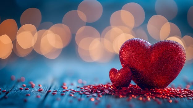 two red hearts on table with selective focus and bokeh background for valentine day greeting card. Neural network generated image. Not based on any actual person or scene.