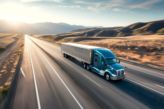 American long-nose semitruck on a highway. Neural network generated image. Not based on any actual scene or pattern.