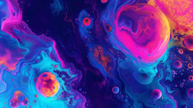 Saturated colorful mad abstract background, random different shapes and objects, hallucinations of ancient shaman after mushroom overdose. Neural network generated image. Not based on any actual scene or pattern.