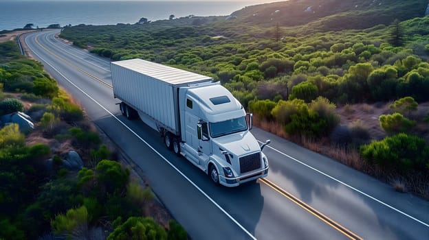 American long-nose semitruck on a highway. Neural network generated image. Not based on any actual scene or pattern.