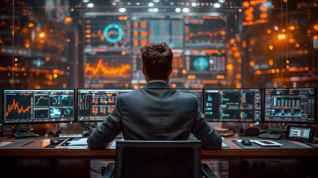 Back view of a financial analyst day trader working on computer with many screens that shows real-time stock data. Neural network generated image. Not based on any actual scene or pattern.