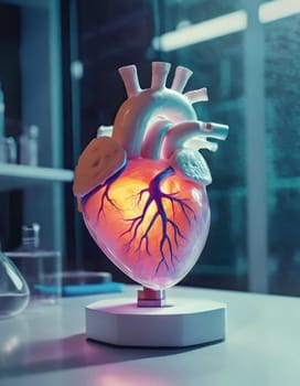 Artificial human heart as a scientific experiment on a laboratory table. Medicine and science concept