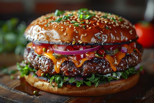 Hamburger illustration for advertising with the pleasant atmospheric environment makes this meal very special. Can be used in marketing, restaurants, websites, sales promotions, events, billboards.