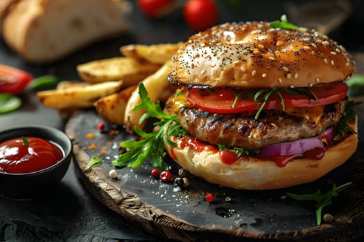 Hamburger illustration for advertising with the pleasant atmospheric environment makes this meal very special. Can be used in marketing, restaurants, websites, sales promotions, events, billboards.