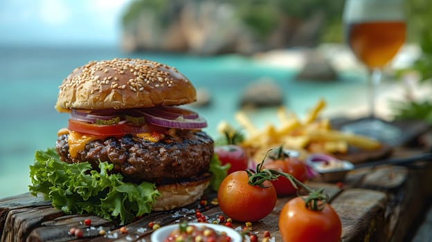 Hamburger illustration for advertising with the pleasant atmospheric environment makes this meal very special. Can be used in marketing, restaurants, websites, sales promotions, events, billboards.