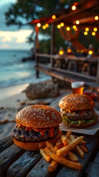 Hamburger illustration for advertising with the pleasant atmospheric environment makes this meal very special. Can be used in marketing, restaurants, websites, sales promotions, events, billboards.