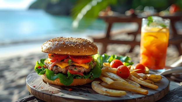 Hamburger illustration for advertising with the pleasant atmospheric environment makes this meal very special. Can be used in marketing, restaurants, websites, sales promotions, events, billboards.