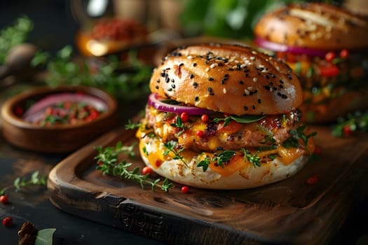 Hamburger illustration for advertising with the pleasant atmospheric environment makes this meal very special. Can be used in marketing, restaurants, websites, sales promotions, events, billboards.