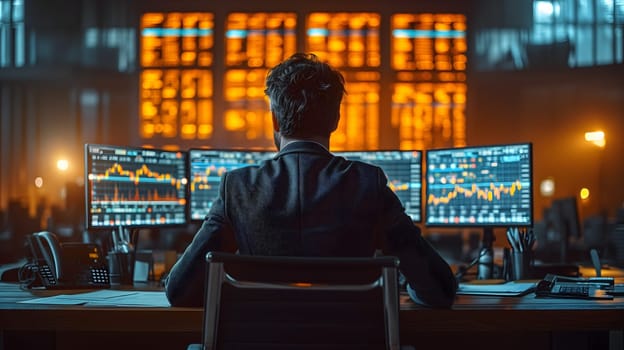 Back view of a financial analyst day trader working on computer with many screens that shows real-time stock data. Neural network generated image. Not based on any actual scene or pattern.