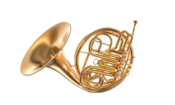 Isolated image of a shiny brass french horn with intricate details. 3d render