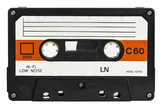 Retro-style cassette tape with blank label on a white background