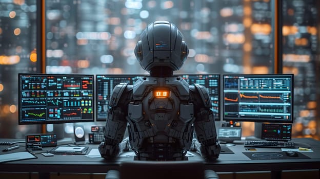 Back view of a financial analyst day trader robot working on computer with many screens that shows real-time stock data. Neural network generated image. Not based on any actual scene or pattern.