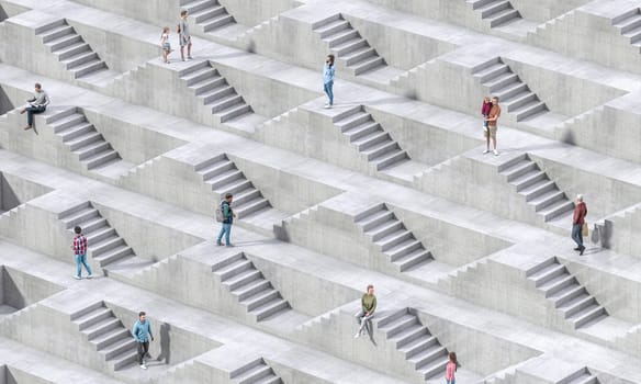 Individuals navigate a maze-like stairs concrete urban environment. 3d render