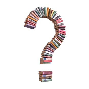 Creative display of various books forming a question mark, symbolizing inquiry and education. 3d render