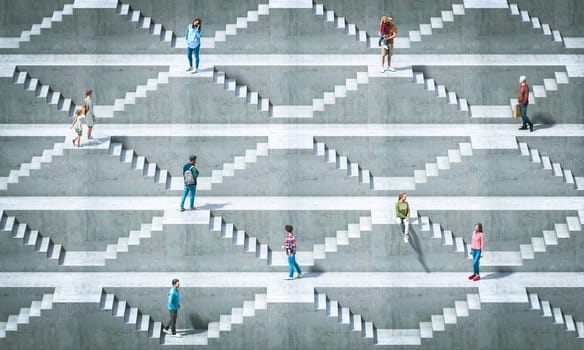 different people on a modern concrete structure made of stairs. 3d render