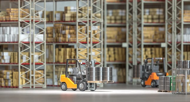 Operational forklift transporting goods in a busy warehouse setting. 3d render
