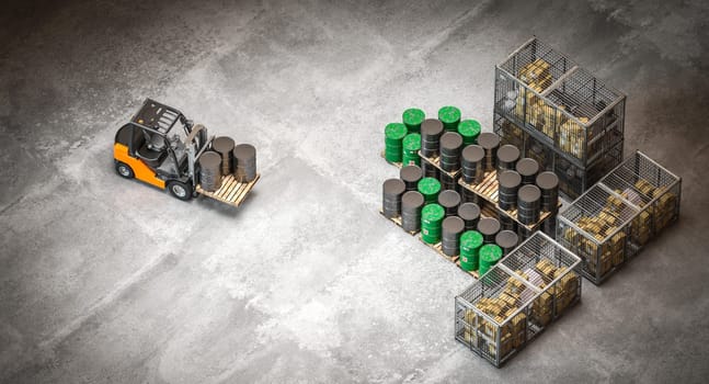 Overhead view of a forklift arranging barrels and crates in an industrial storage area. 3d render