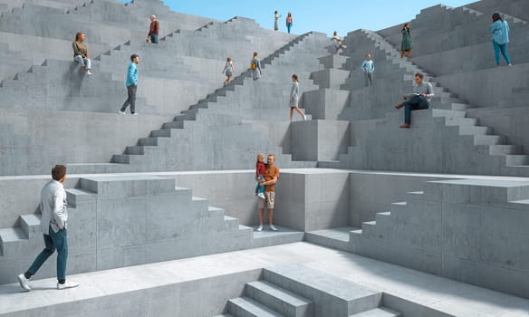 Diverse individuals ascending and descending through a large concrete staircase structure in a modern cityscape. 3d render