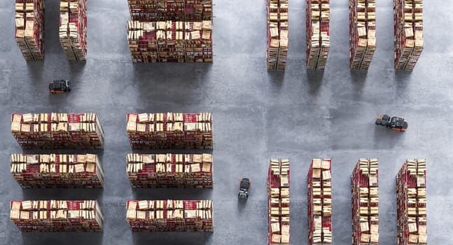 Top-down perspective of forklifts navigating through rows of stacked pallets in a storage facility. 3d render