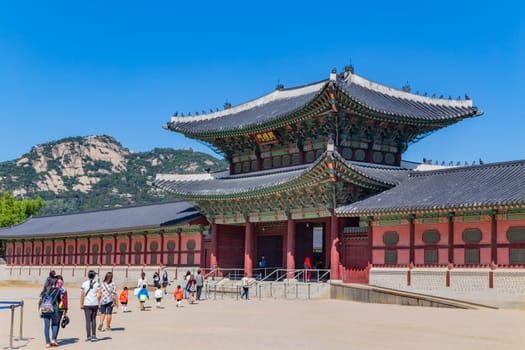 Seoul, South Korea: August 2020: Geunjeongjeon the Throne Hall at the Gyeongbokgung Palace the main royal palace of the Joseon dynasty in Seoul, South Korea