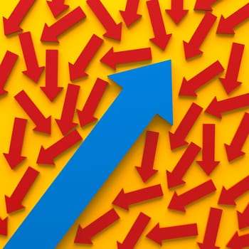 Bold blue arrow ascending against a chaotic backdrop of red arrows pointing downward. 3d render