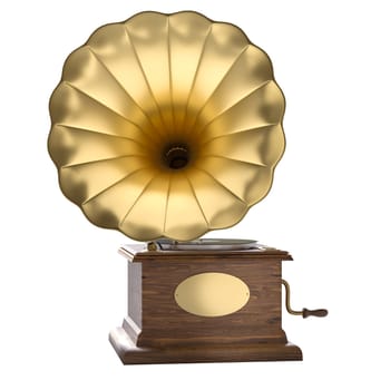 Isolated classic gramophone with a polished wood base and golden horn. 3d render