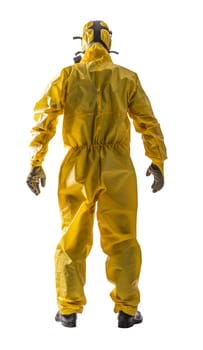 Rear view of a person dressed in a yellow hazmat suit, isolated on white