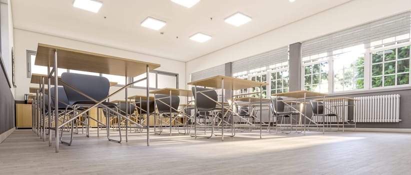 inside an empty school classroom. 3d render