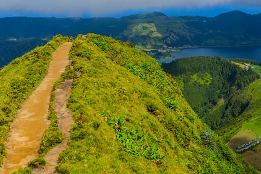 The Lake of Sete Cidades, a volcanic crater lake on Sao Miguel island, Azores, Portugal. View from Boca do Inferno
