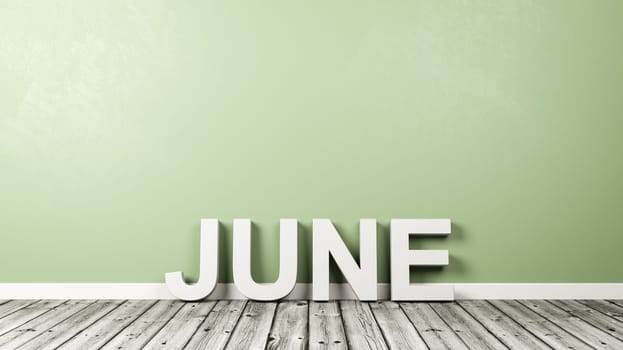 White June 3D Text Shape on Wooden Floor Against Green Wall with Copyspace 3D Illustration
