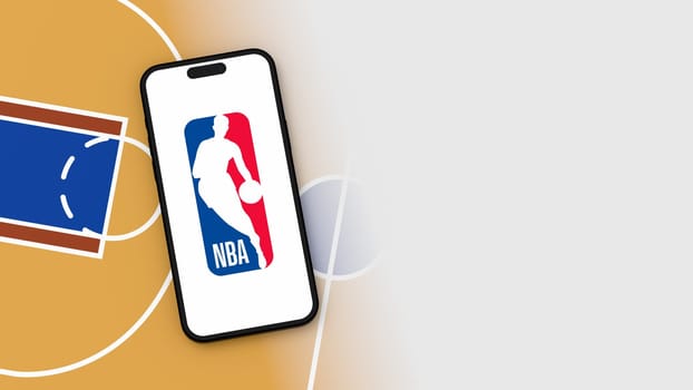 NBA Logo on Mobile Phone Screen on Basketball Court and Flat Light Gray Background with Copy Space 3D Render Illustration, Top View