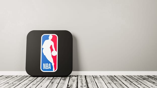 NBA App Icon 3D Symbol Shape on Wooden Floor Against Gray Wall with Copy Space 3D Render Illustration