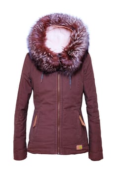 Woman clothes. Stylish brown female winter jacket with fur hood on mannequin isolated on a white background. Girls winter fashion.