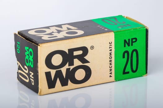 Potsdam, Germany - Aug 11, 2018. Old original packaging of a ORWO (Original Wolfen) NP20 (NP= Negative Panchromatic) film roll for black and white analogue vintage photography.