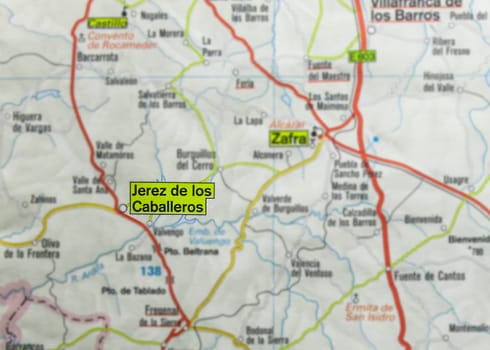 Jerez de los Caballeros city on the map, Extremadura, Badajoz, Spain. Selective focus over word