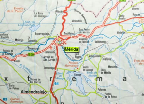 Merida city on the map, Extremadura, Badajoz, Spain. Selective focus over word