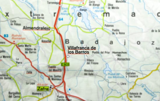 Villafranca de los Barros city on the map, Extremadura, Badajoz, Spain. Selective focus over word